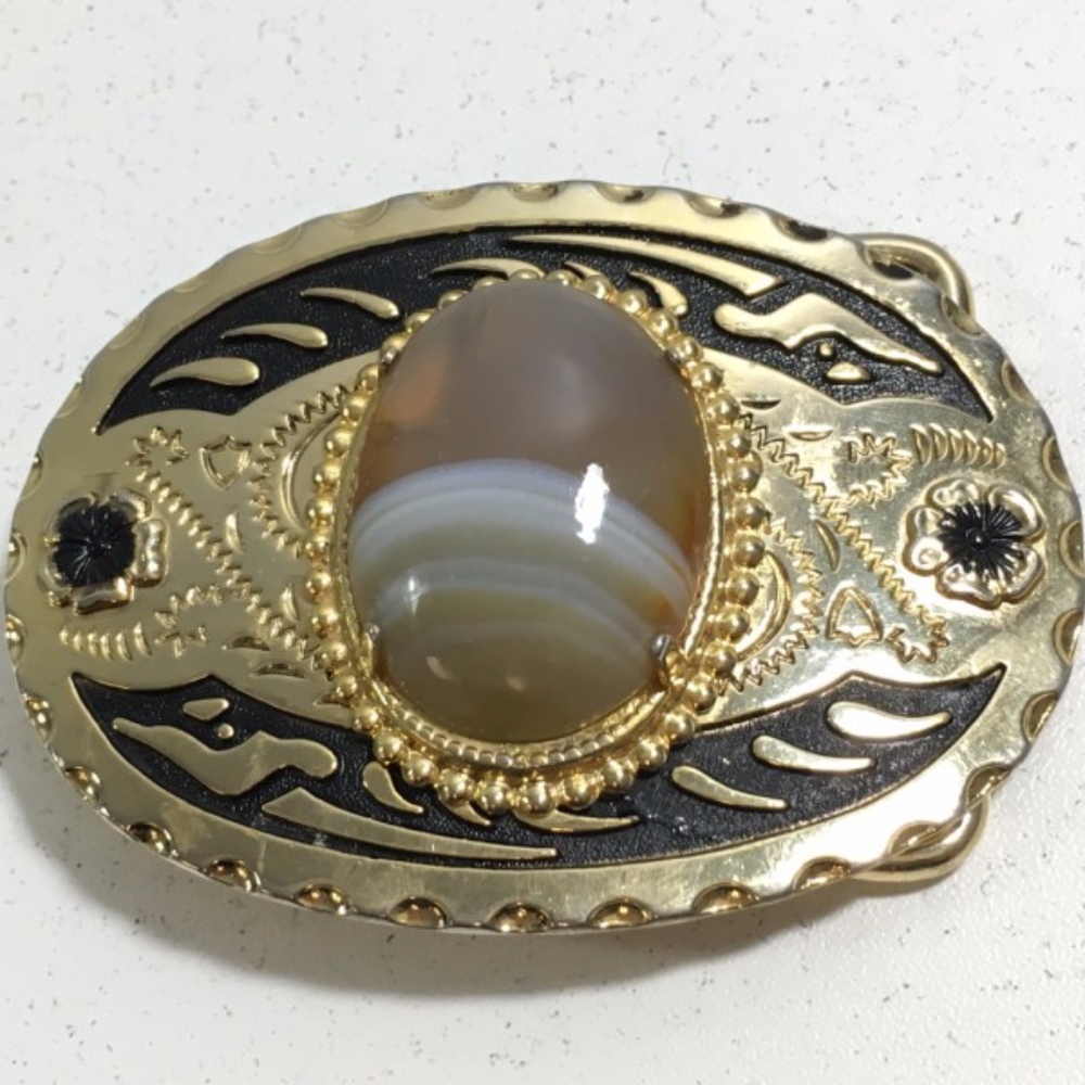 Gold Tone Belt Buckle Large Tan/Grey Stone Center Engraved Tooled Design Western
